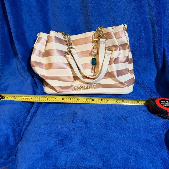Betsey Johnson Rose Gold and White Striped Shoulder Tote with Charm - Picture 4 of 11